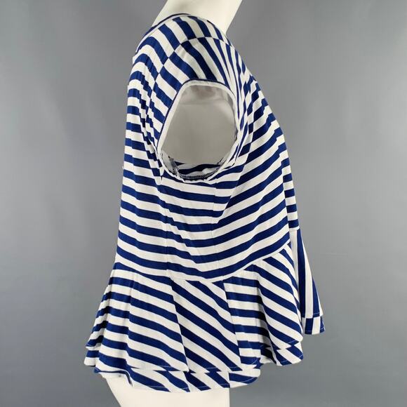 COMME des GARCONS Size S White Blue Cotton Stripe Short Sleeve Casual Top - Picture 2 of 5